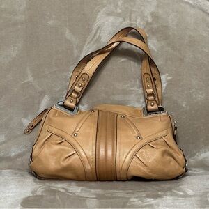 B. Makowsky Vintage Leather Metal Tan Hobo Shoulder Bag